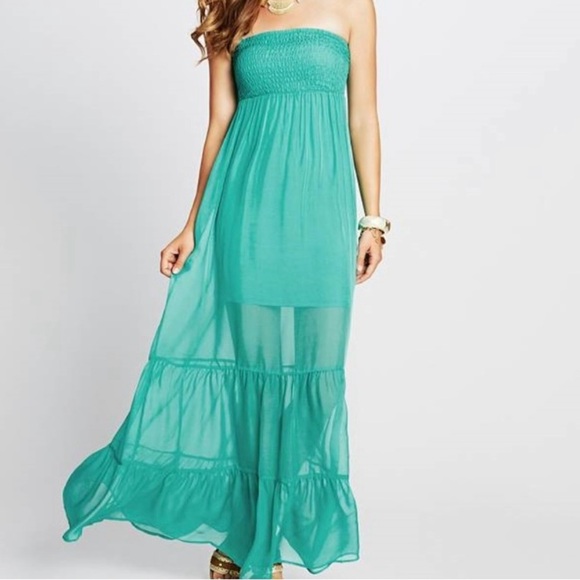 Guess Silk Green Strapless Maxi Dress Size Small - Picture 1 of 9